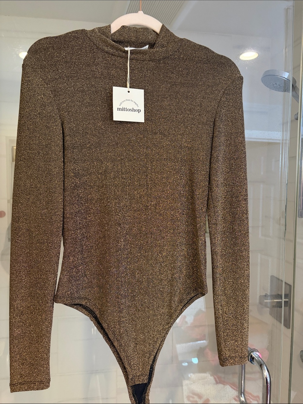 mittoshop Shimmery Bronze Mock Neck Long-Sleeve Bodysuit